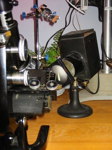 The illuminator with frosted household bulb and ground glass Corning Day-Light filter.